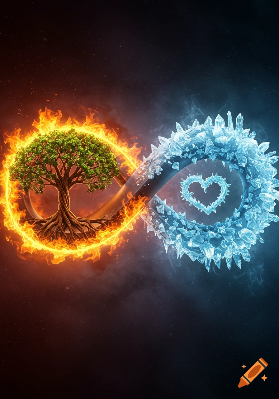 An infinity symbol, half fiery with a tree of life, half icy with a heart made of crystals, against a dark background.