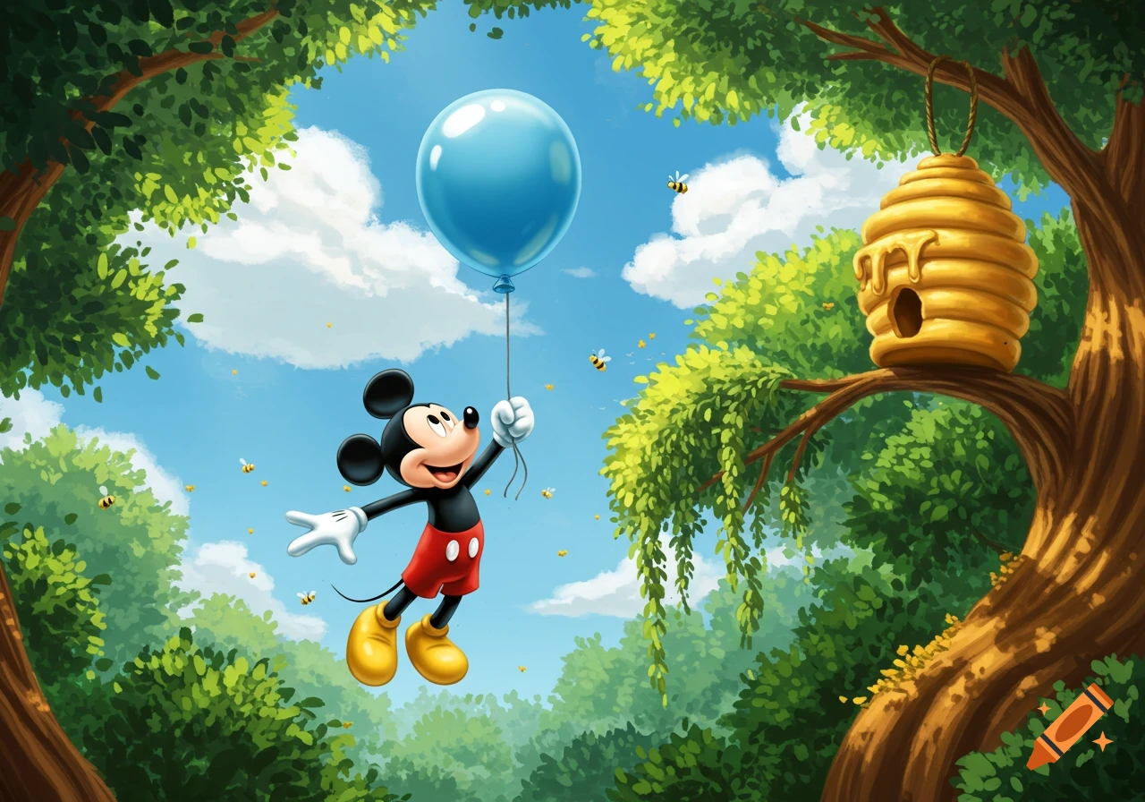 Cartoon Mickey Mouse floats upwards holding a blue balloon in a vibrant forest, with bees flying around a large beehive.