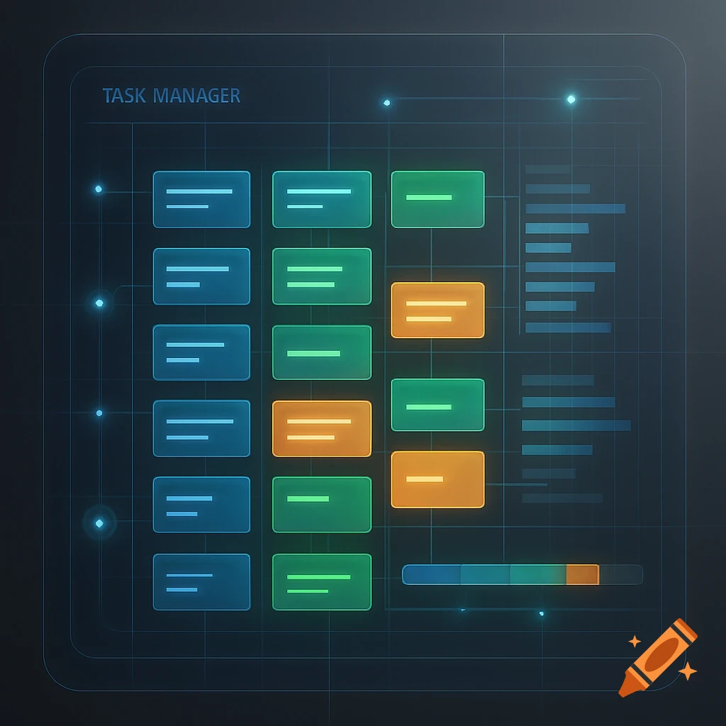A futuristic user interface displaying a task manager with colored blocks and bar graphs on a dark background.