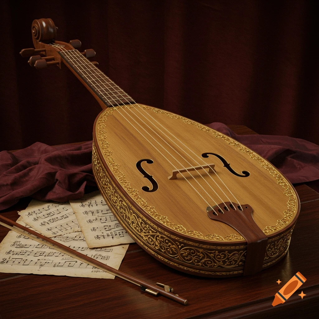 A photorealistic image of an ornate, light-wood stringed instrument with gold filigree, resting on a dark wooden table beside sheet music and a bow.