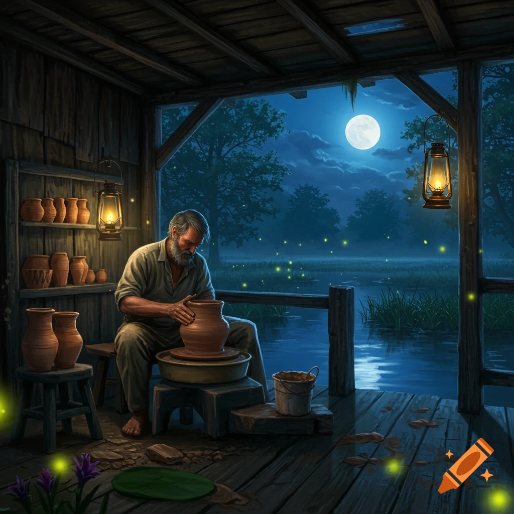 An old man crafts pottery in a rustic shack at night, overlooking a swamp with a full moon and glowing fireflies.