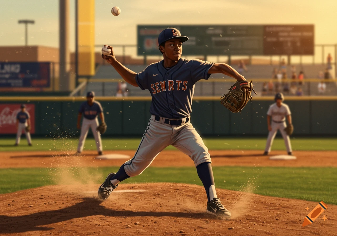 A young baseball pitcher mid-throw on a mound during a game with dust kicking up, other players in background.