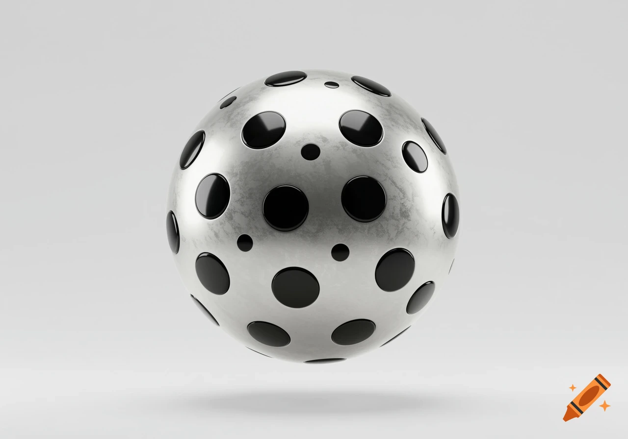 A metallic silver sphere covered in glossy black dots floats against a white background.