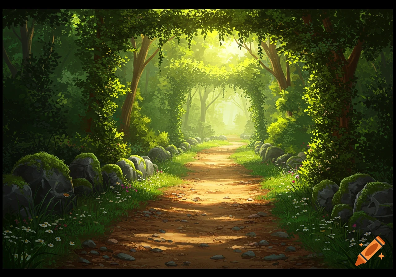 A vibrant, sunlit dirt path winding through a lush, green fantasy forest with mossy rocks.