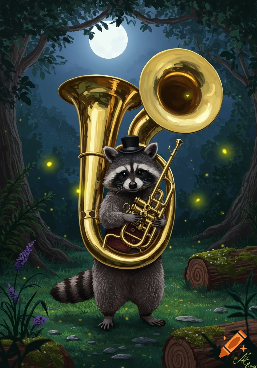 A whimsical raccoon wearing a top hat plays a golden tuba in a moonlit forest with fireflies.