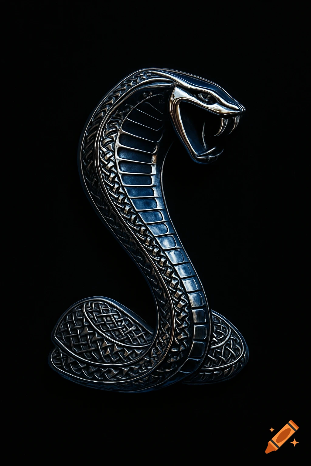 A shiny metallic cobra emblem with intricate scales and an open mouth, set against a black background.