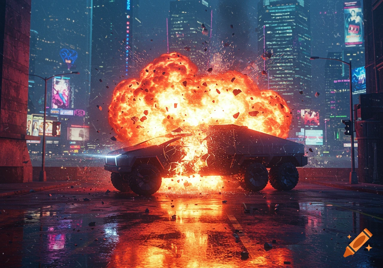A futuristic Cybertruck explodes on a wet city street at night, with debris flying and neon-lit skyscrapers in the background.