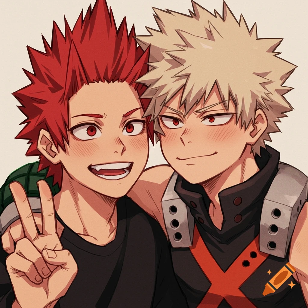 Two anime boys, Kirishima and Bakugo, smiling and smirking, with Kirishima making a peace sign.