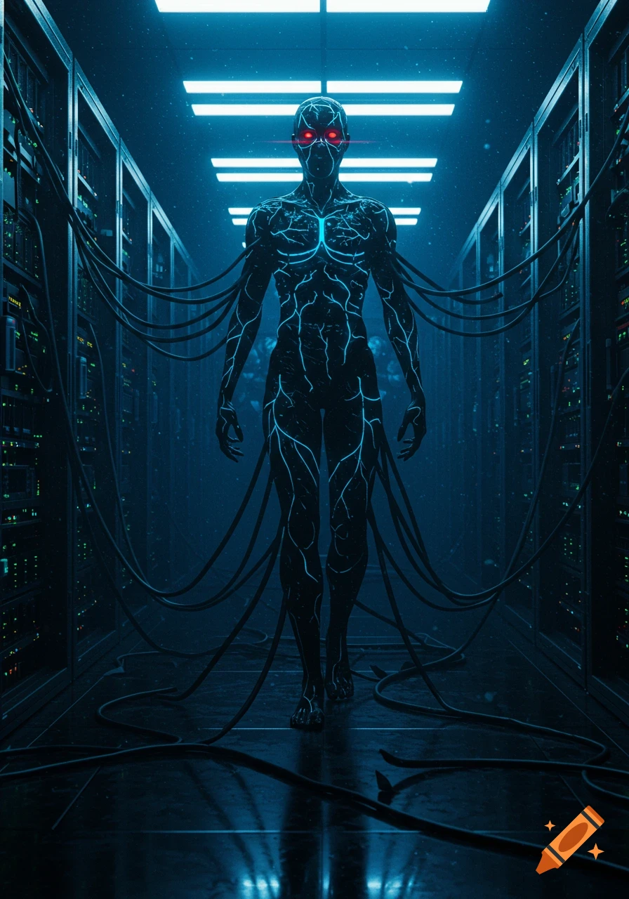 A dark, glowing humanoid figure with red eyes stands in a futuristic server room filled with wires.