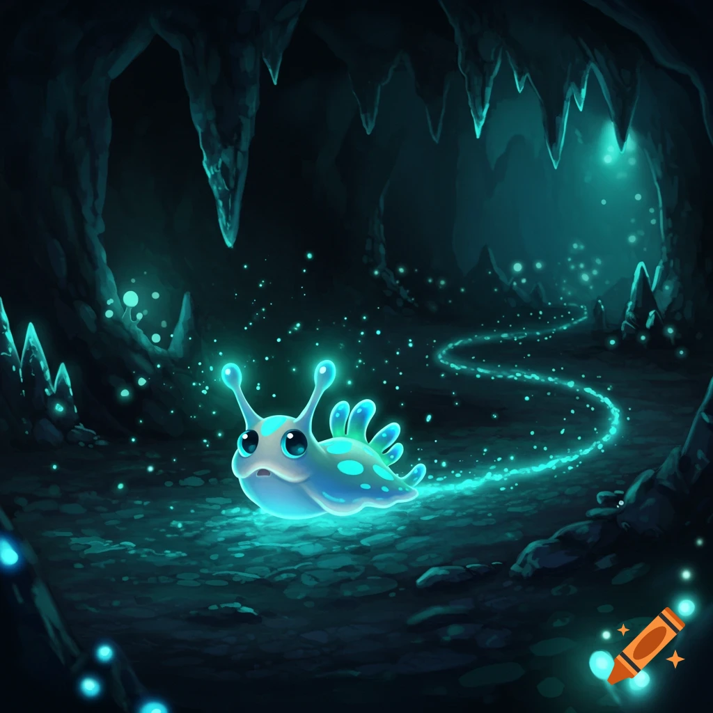 A glowing, blue-spotted slug-like creature glides through a dark, mysterious cave filled with glowing teal fungi and stalactites.