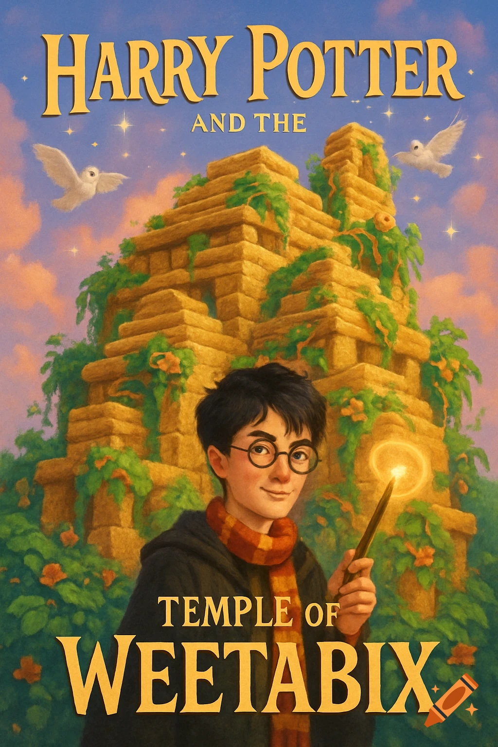 Book cover for 'Harry Potter and the Temple of Weetabix' featuring Harry Potter holding a wand in front of an overgrown temple and two white owls.