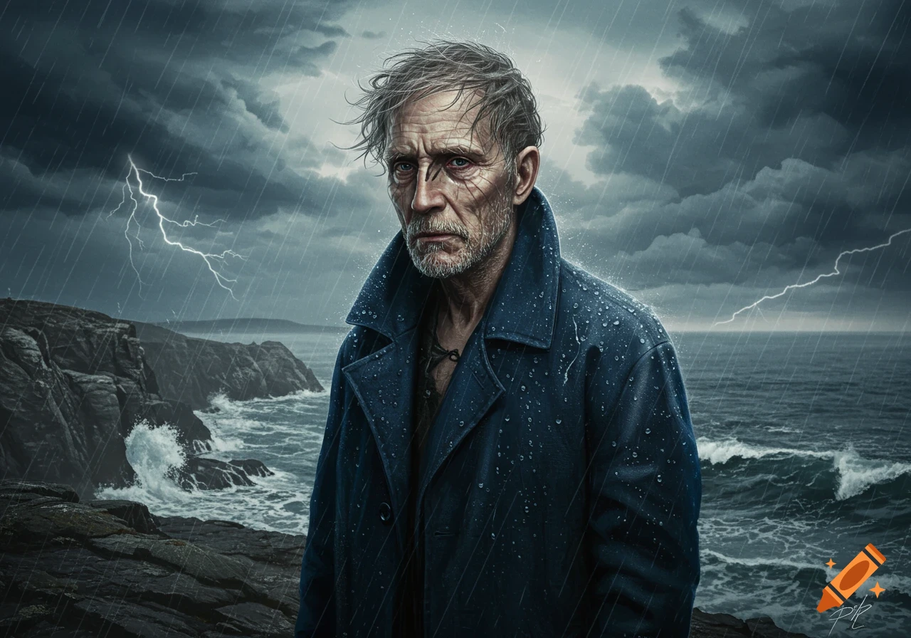 A somber, weathered man in a dark coat stands on a rocky coast during a severe thunderstorm with lightning, looking out at the rough ocean.