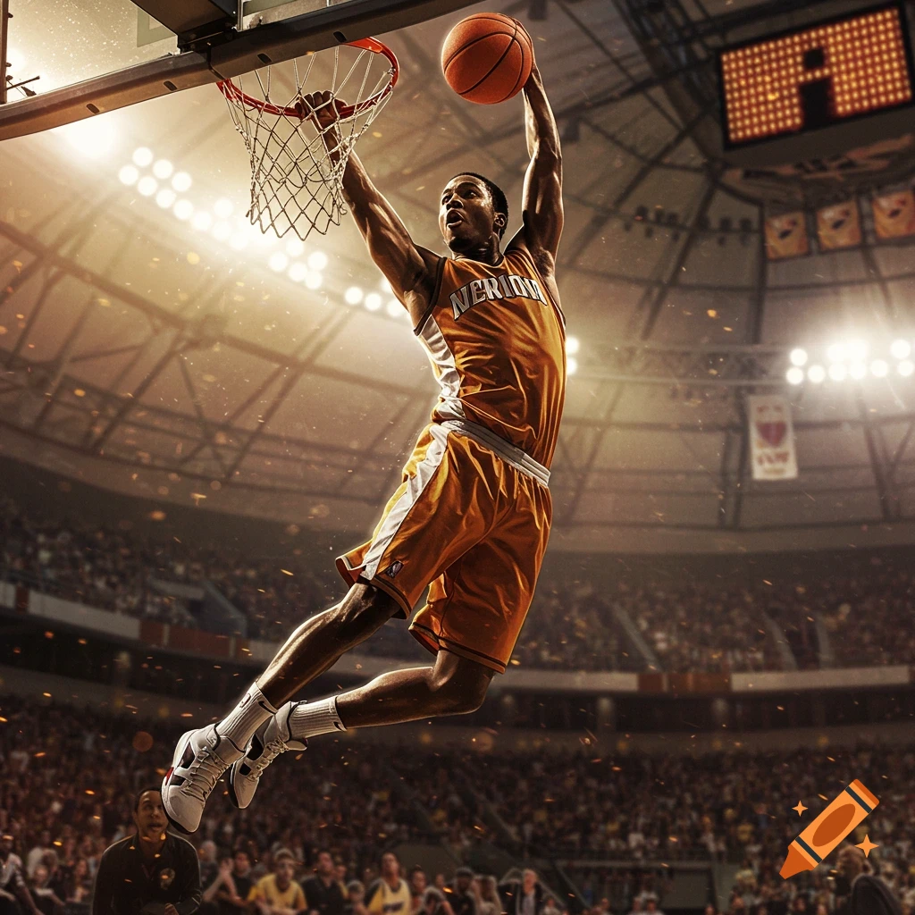 Photorealistic image of a basketball player dunking in a brightly lit arena.