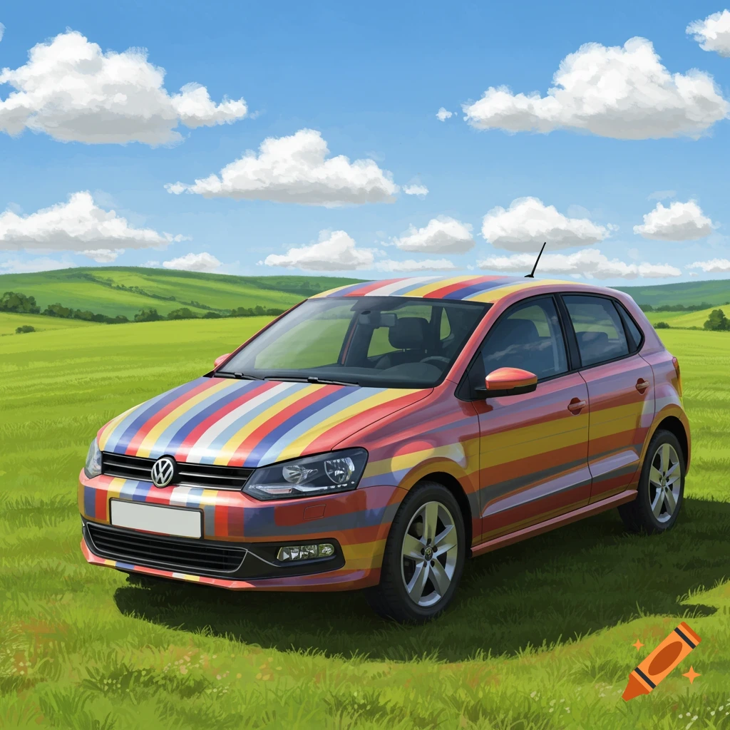 A Volkswagen Polo car with colorful horizontal stripes parked in a bright green field under a blue sky.