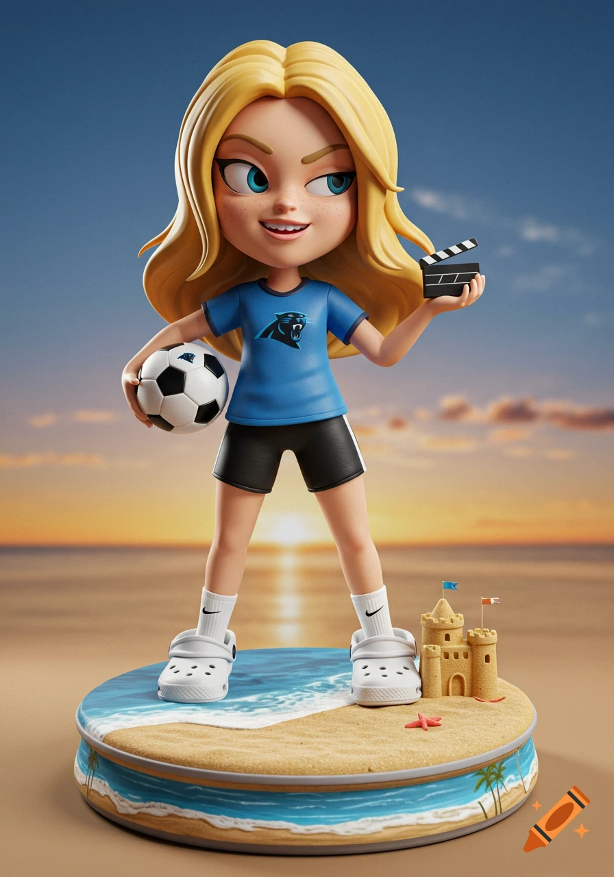 A 3D cartoon action figure of a blonde girl in a Panthers shirt and black shorts, holding a soccer ball and clapperboard, on a beach base with a sandcastle.