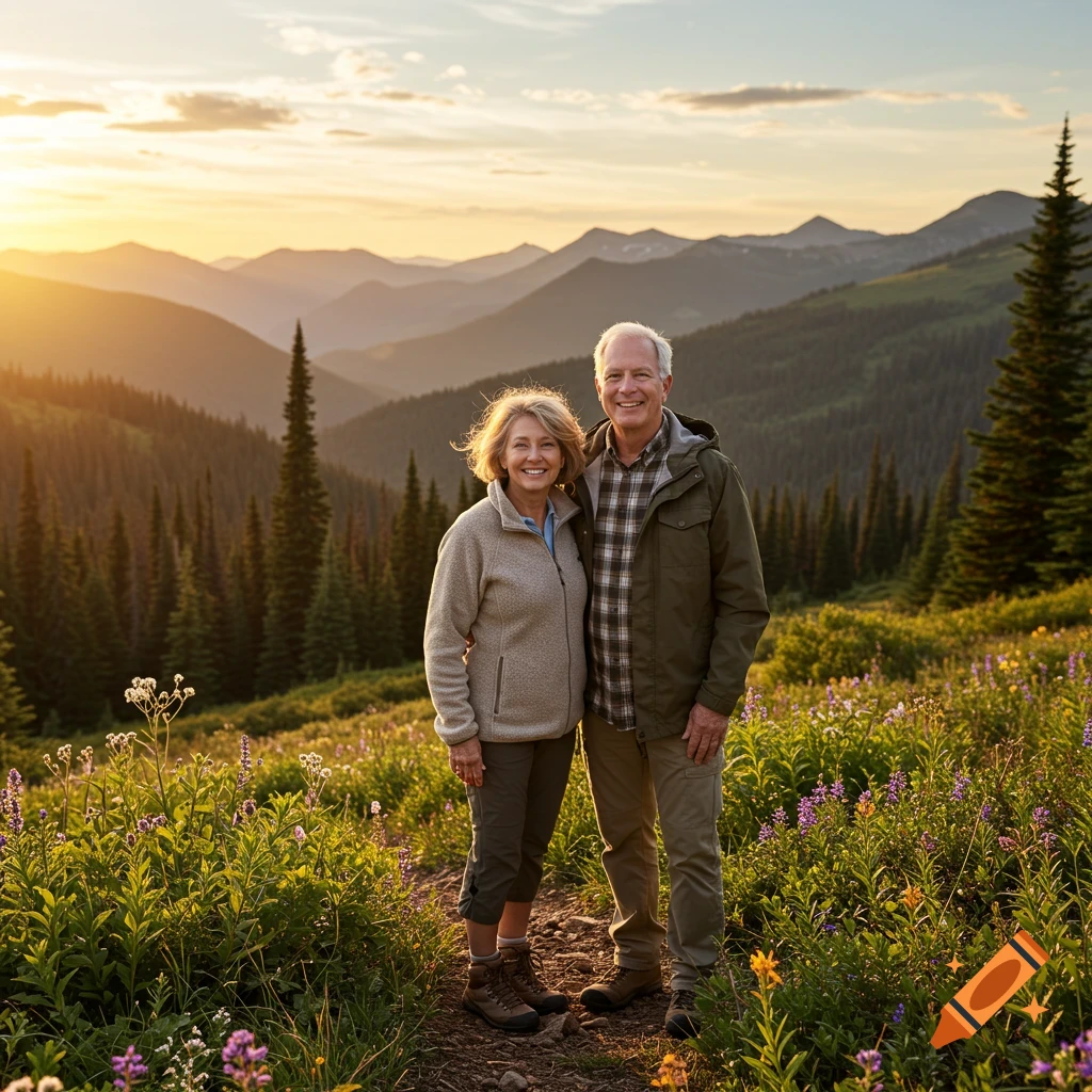 Photorealistic image of a smiling couple standing on a mountain trail amidst wildflowers with a sunset over distant peaks.