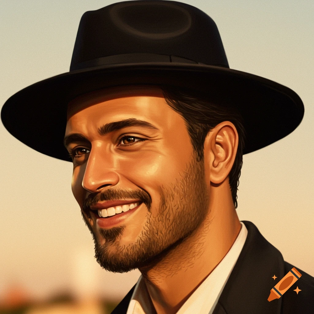A smiling man with a beard wearing a fedora hat in a side profile headshot, depicted with warm, stylized lighting.