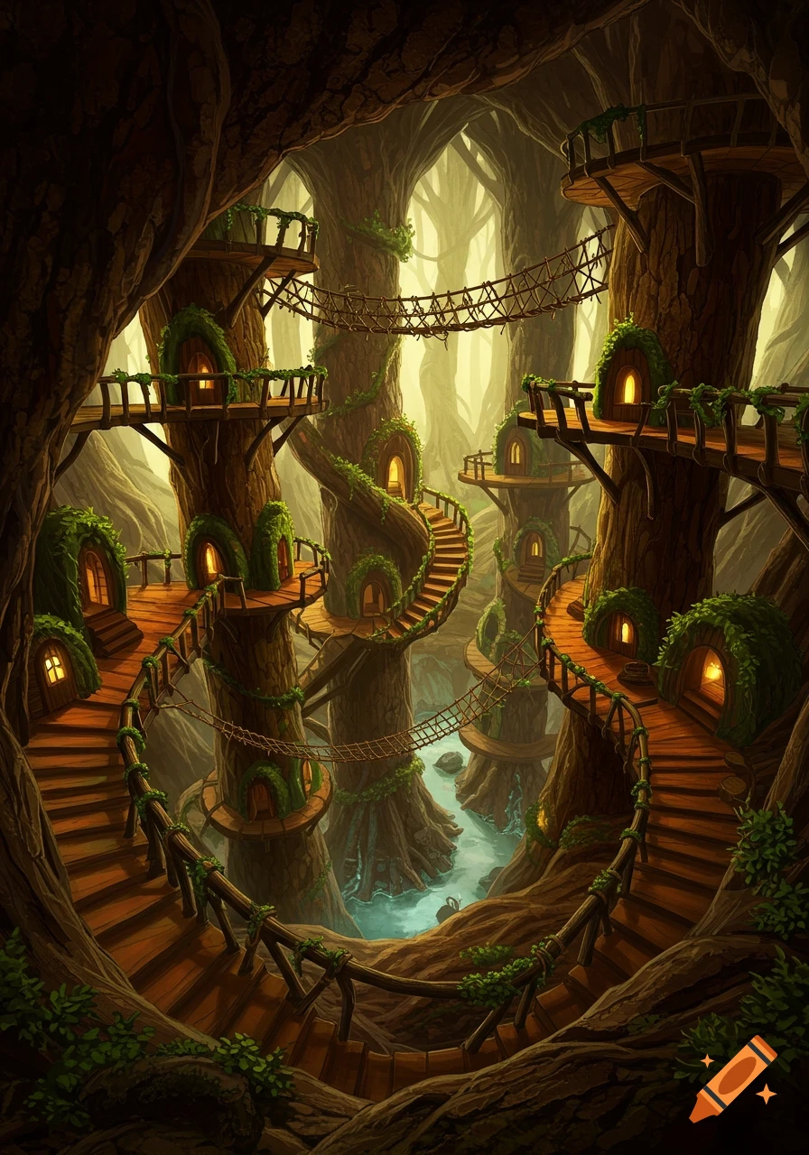 A whimsical fantasy illustration of elaborate treehouses with spiraling stairs and rope bridges built inside ancient forest trunks.
