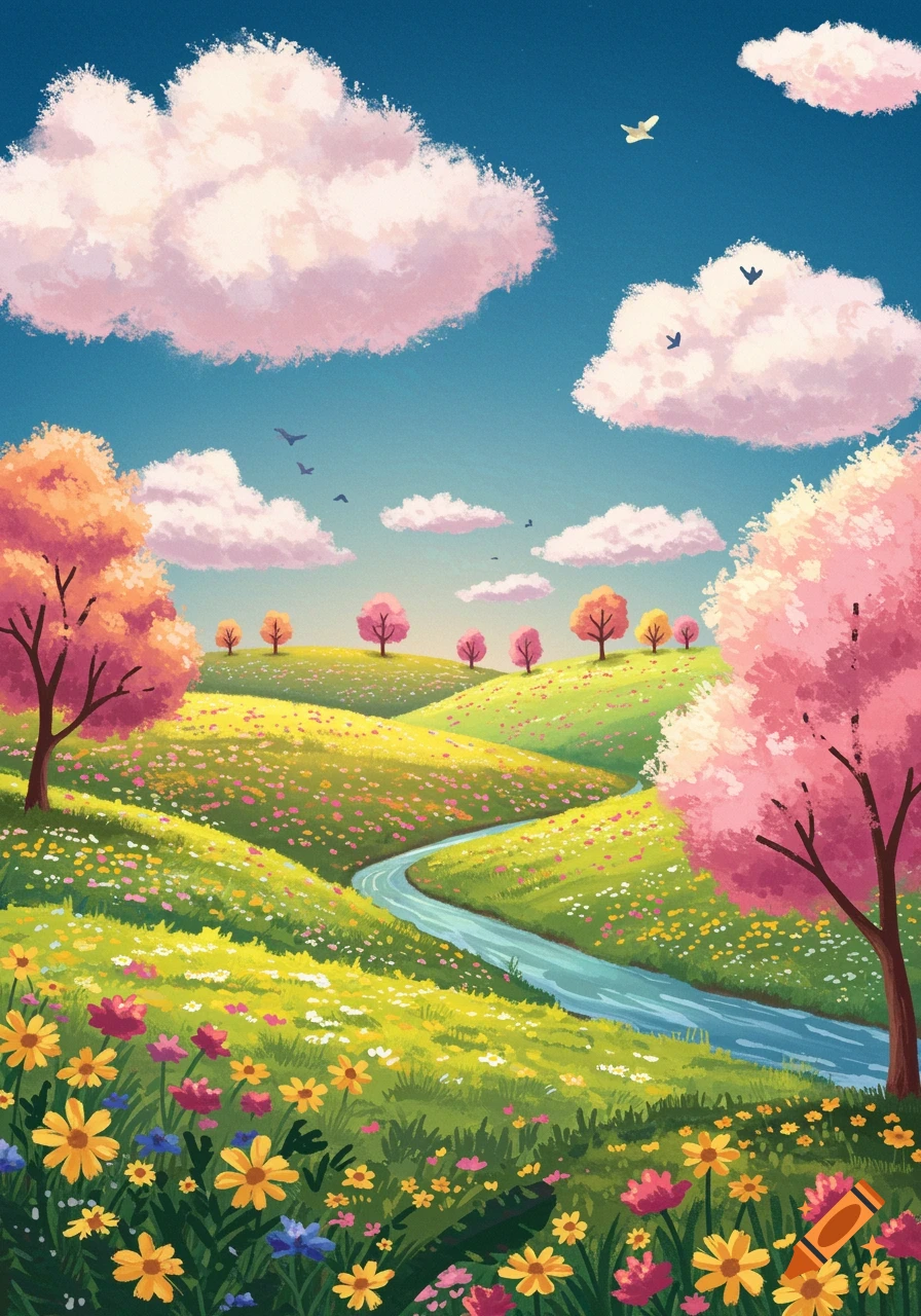 A vibrant illustration of a colorful landscape with green hills, wildflowers, pink-leaved trees, and a winding river under a blue sky with pink clouds.