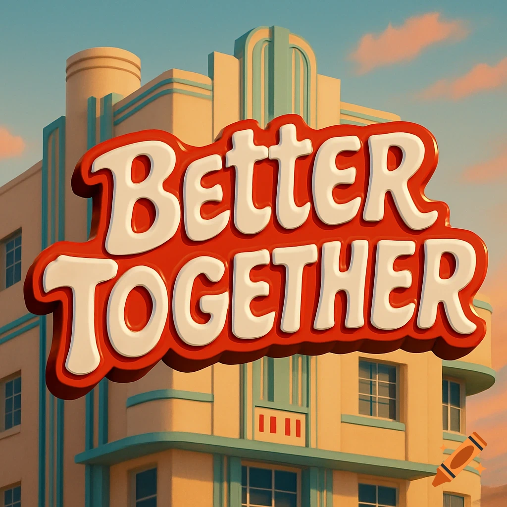 A red and white 'Better Together' sign in front of a tan and teal Art Deco building under a clear sky.