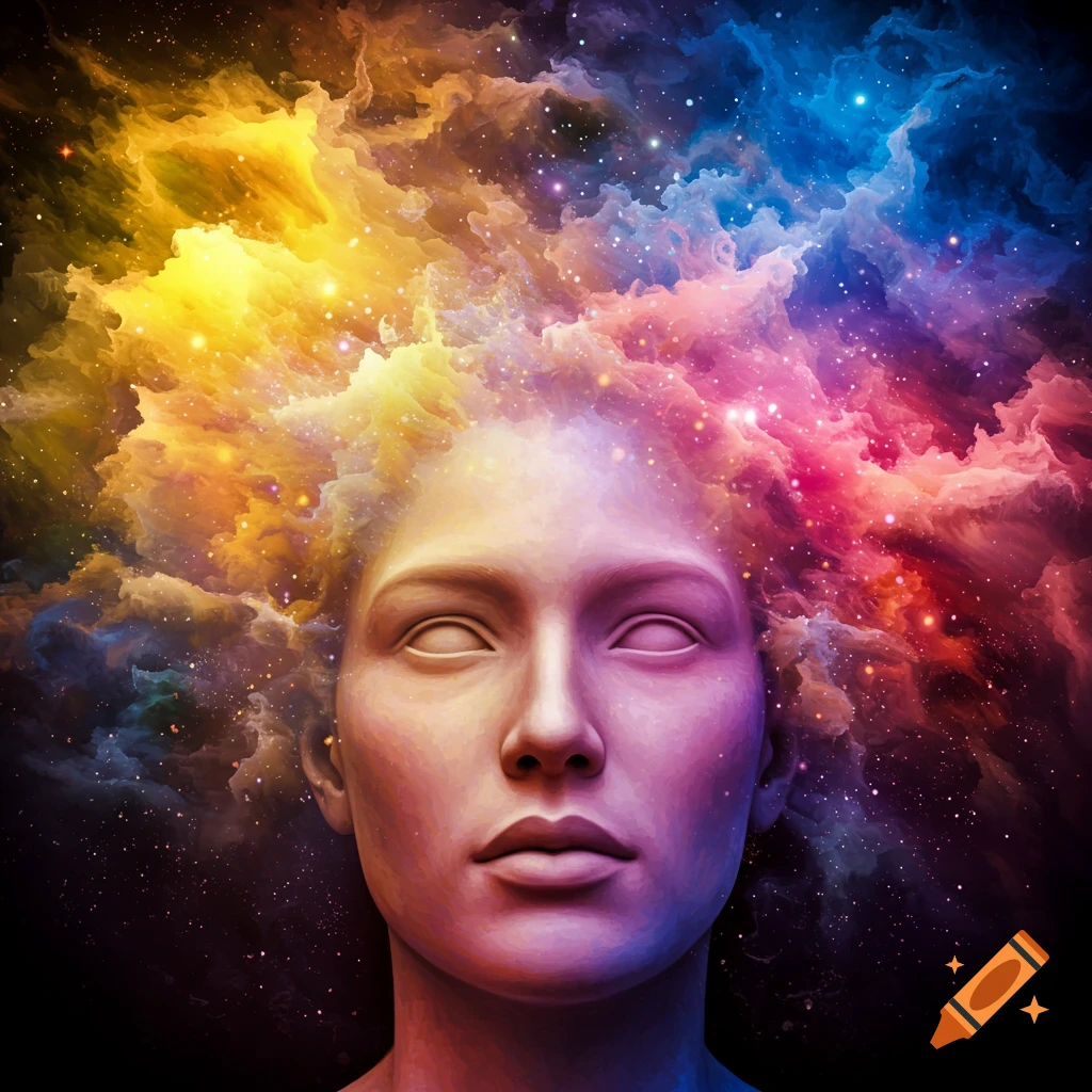 A stylized human head with blank eyes, featuring a vibrant explosion of colorful cosmic nebulae and stars emanating from the top.