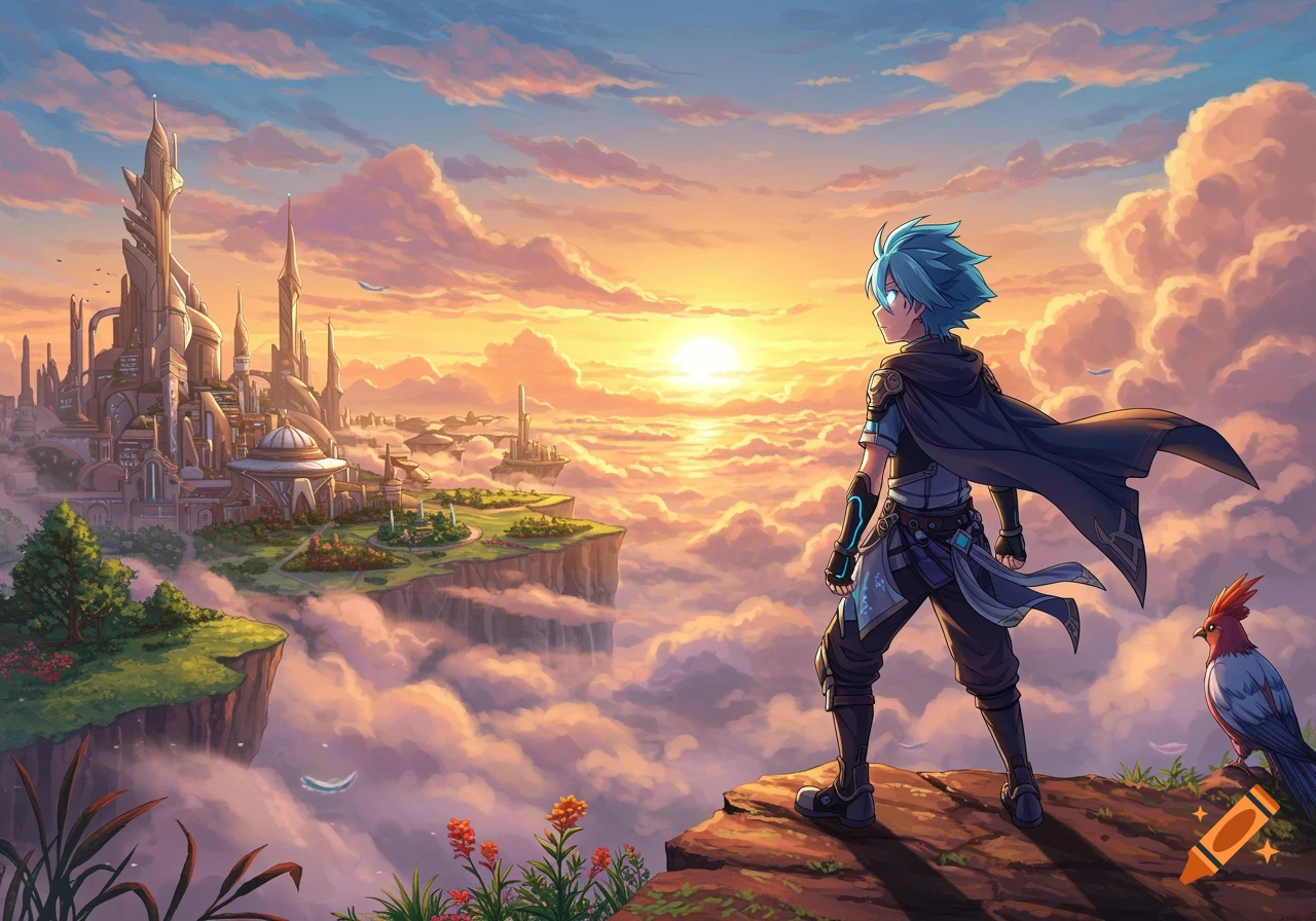 Anime boy stands on a cliff overlooking a futuristic city in the clouds at sunset, with a bird nearby.