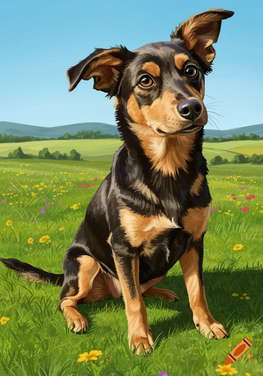 A black and tan dog sits attentively in a vibrant green field filled with colorful wildflowers under a clear blue sky, in a drawing style.