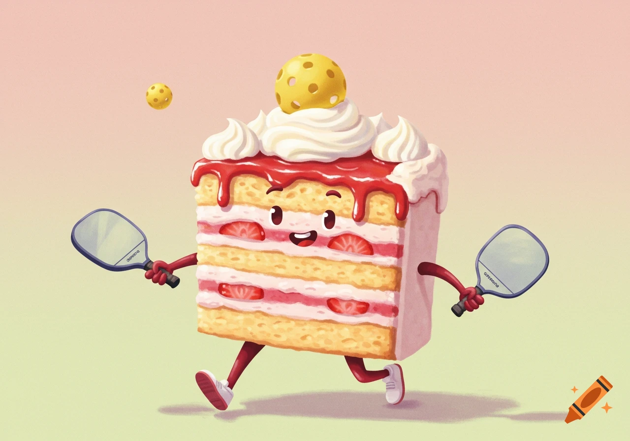 A happy strawberry shortcake slice with arms and legs runs, holding two pickleball paddles, with a pickleball on its head. Stylized cartoon.
