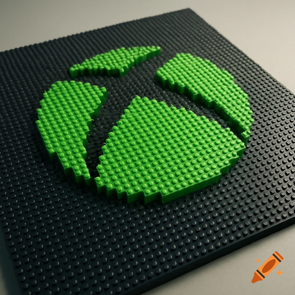 A green Xbox logo made of Lego bricks on a black Lego baseplate.