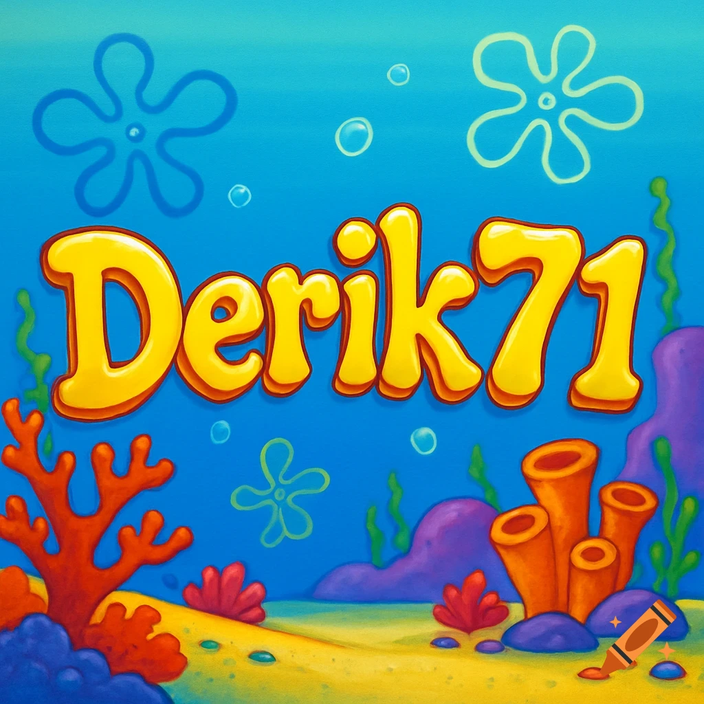 Yellow bubble text "Derik71" on a blue Spongebob-style underwater background with coral and sea plants.