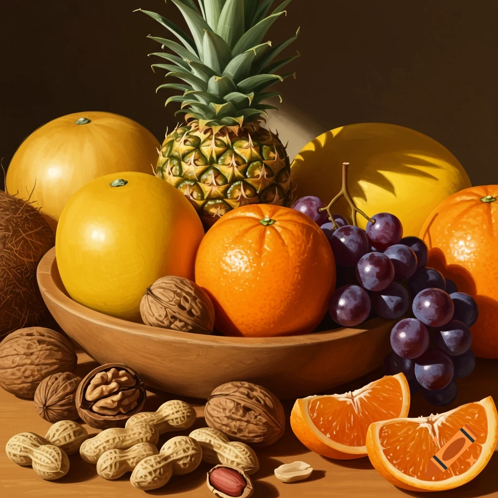 A vibrant still life painting of a bounty of fruits and nuts including pineapple, oranges, grapes, walnuts, peanuts, melons, and a coconut.