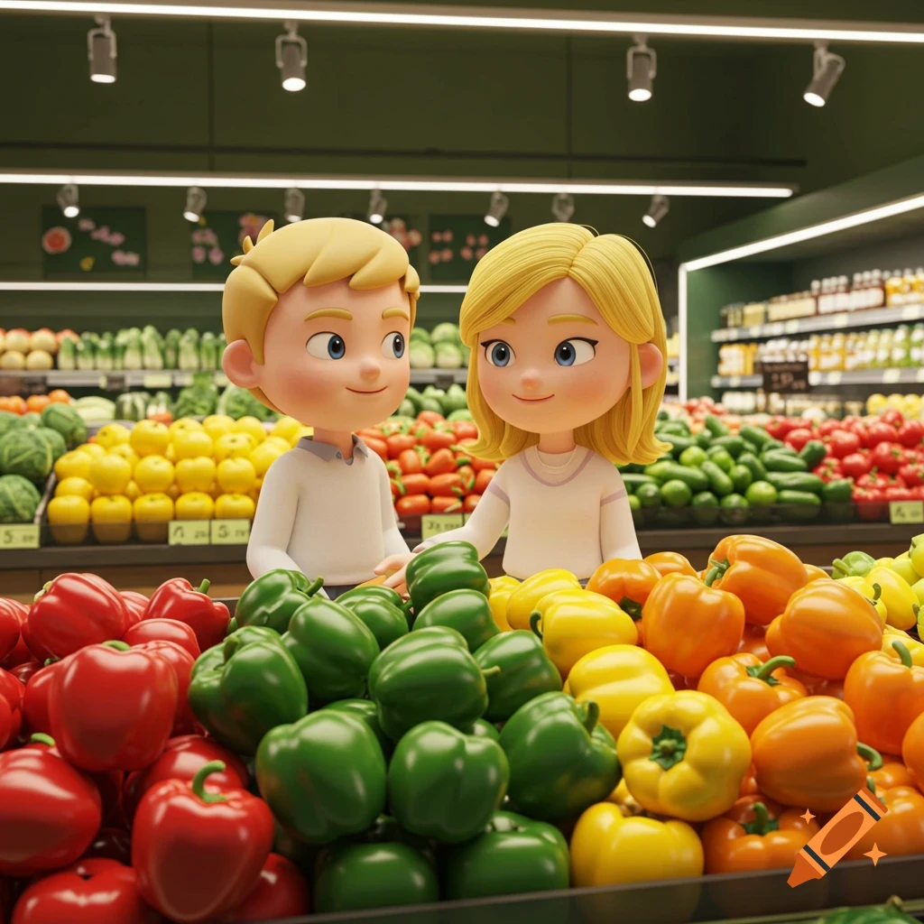 A cute blond boy and girl, in a Pixar-style animation, stand in a colorful supermarket produce section with various bell peppers.