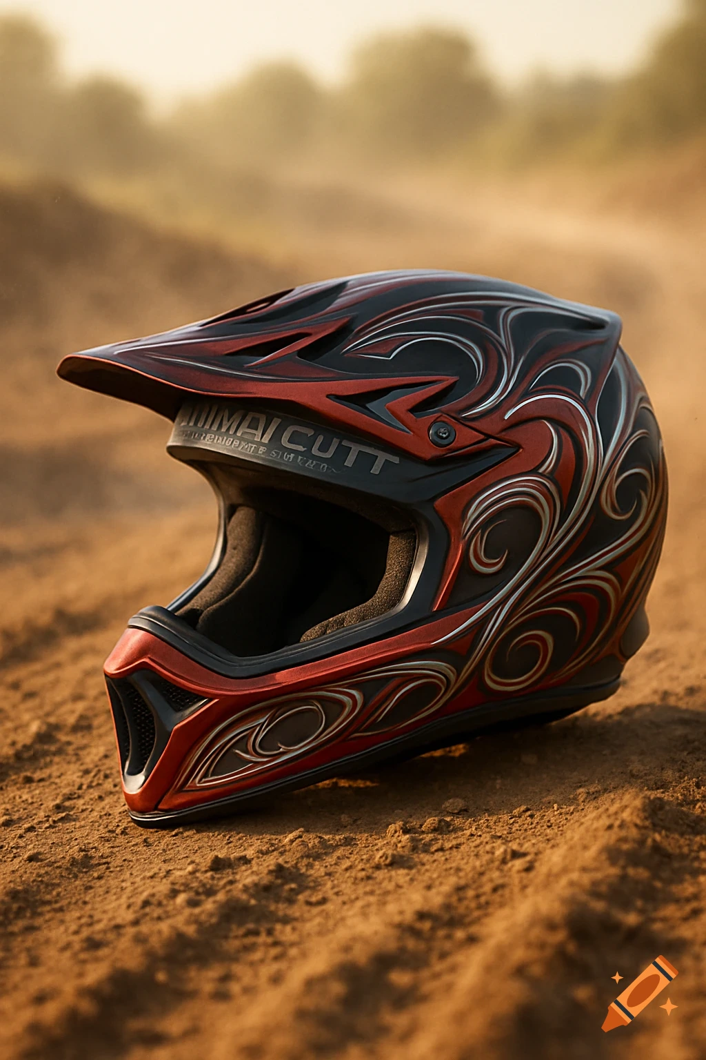 A red and black motocross helmet with swirly designs sits on a dirt track.