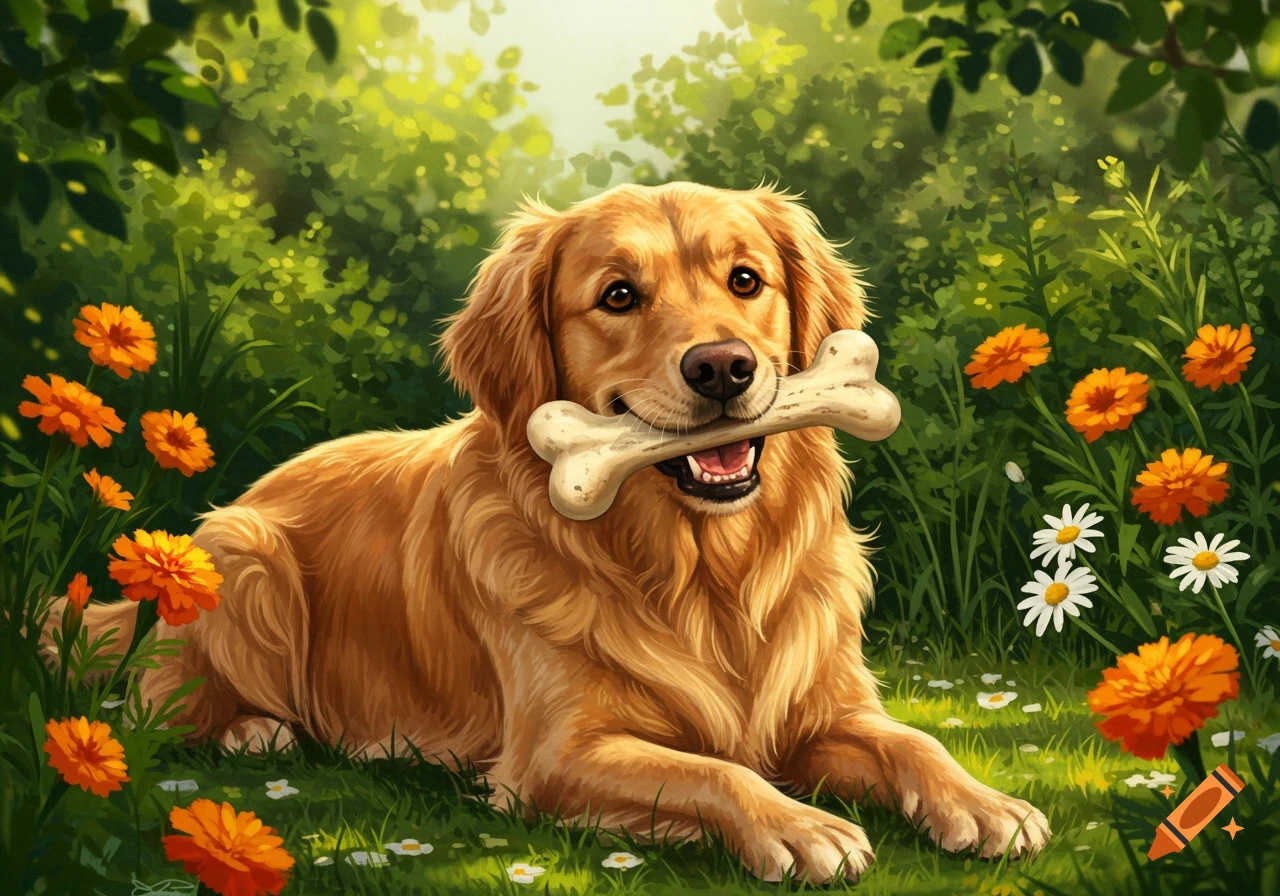 A happy Golden Retriever lies in a lush green field filled with orange and white flowers, holding a bone in its mouth. Digital painting style.
