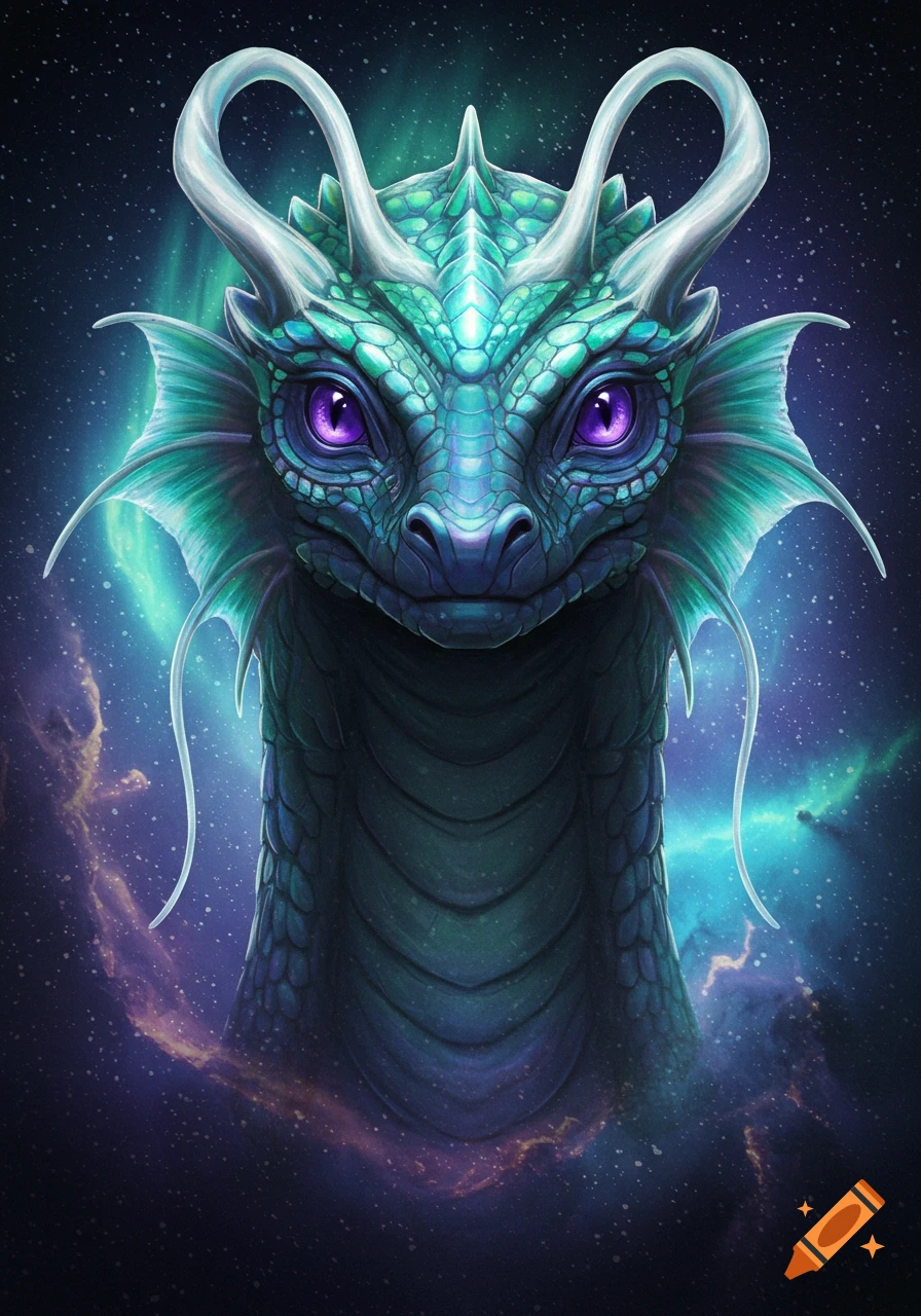 A vibrant teal and green dragon head with glowing purple eyes, white horns, and fins, set against a dark, starry cosmic background with nebulae.