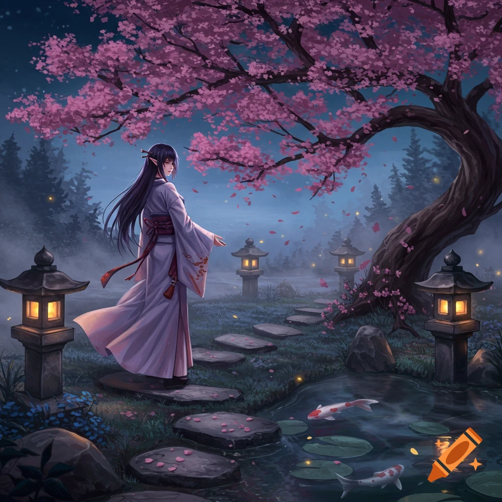 An anime-style woman in a white kimono stands in a moonlit Japanese garden under a cherry blossom tree with glowing lanterns and koi fish.