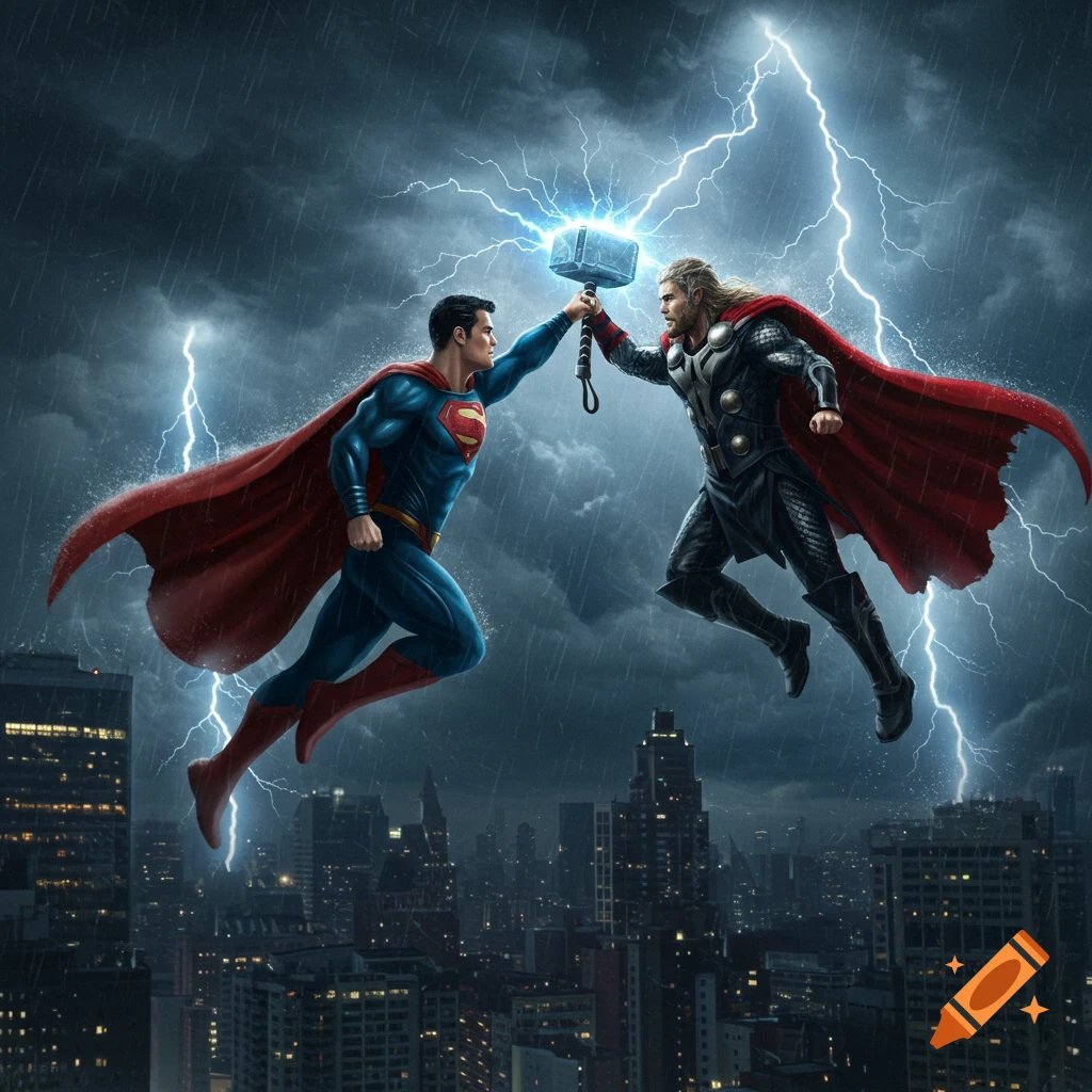 Superman and Thor battle over a stormy city, reaching for Mjolnir as lightning strikes. Detailed superhero comic art.