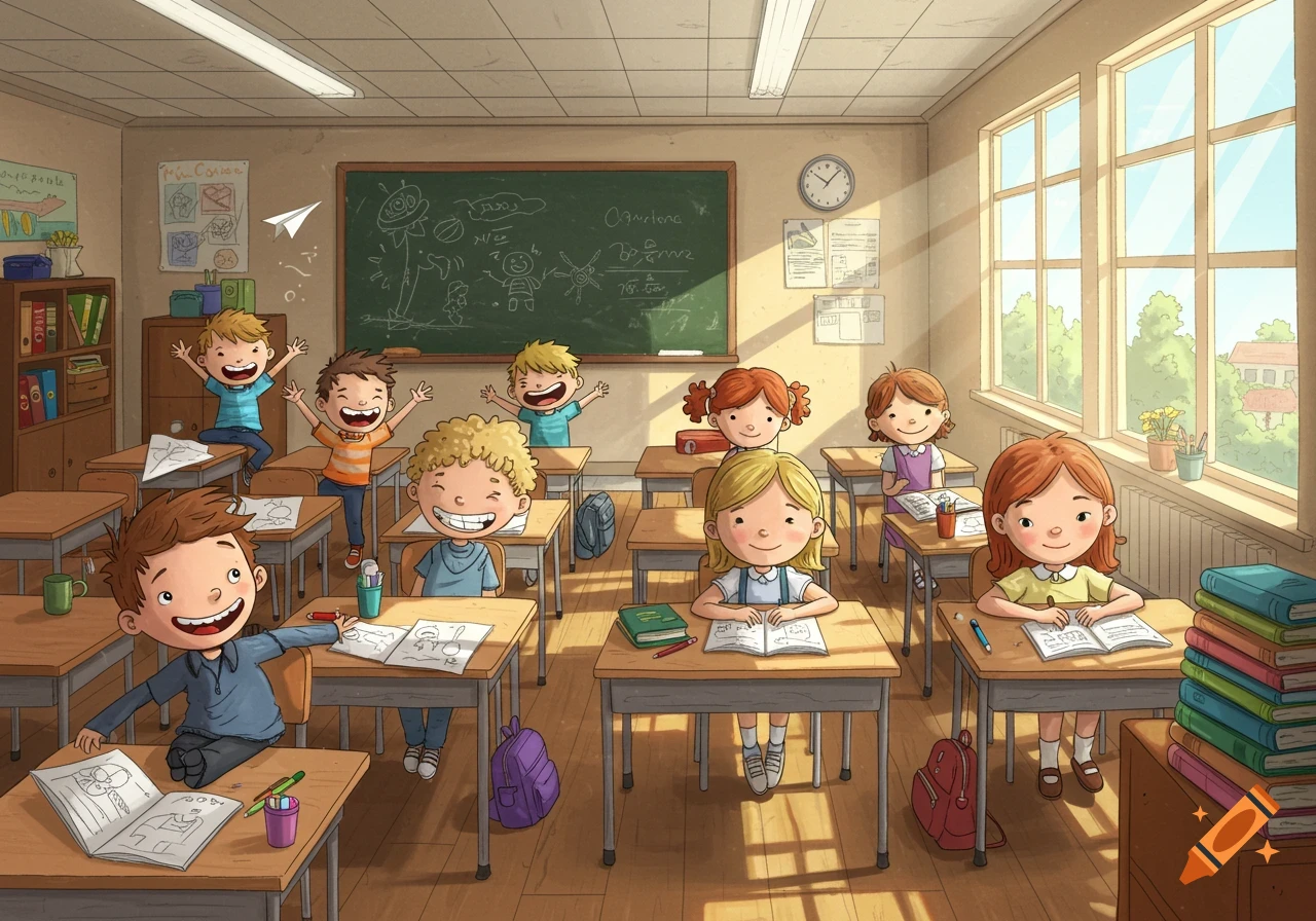 Cartoon illustration of a lively classroom with children. Boys are playfully messing around, while girls are seated and focused on their books.