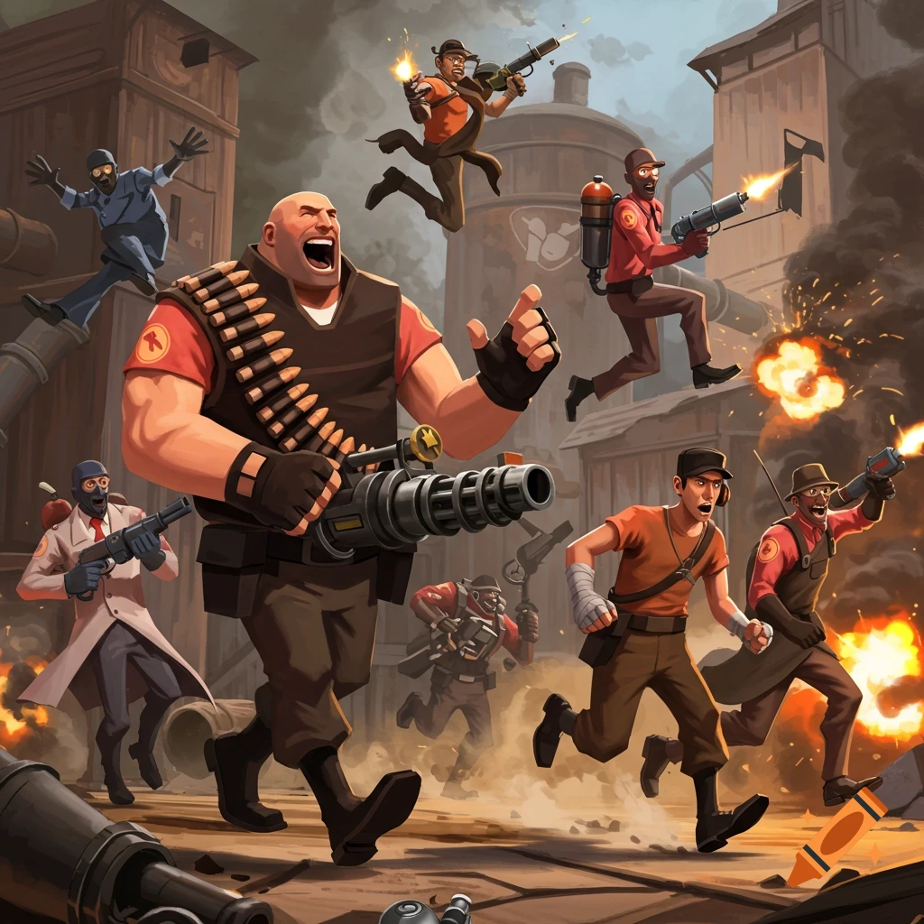 Team Fortress 2 characters battle in a stylized industrial setting, with Heavy, Spy, Scout, and others amidst explosions and smoke.