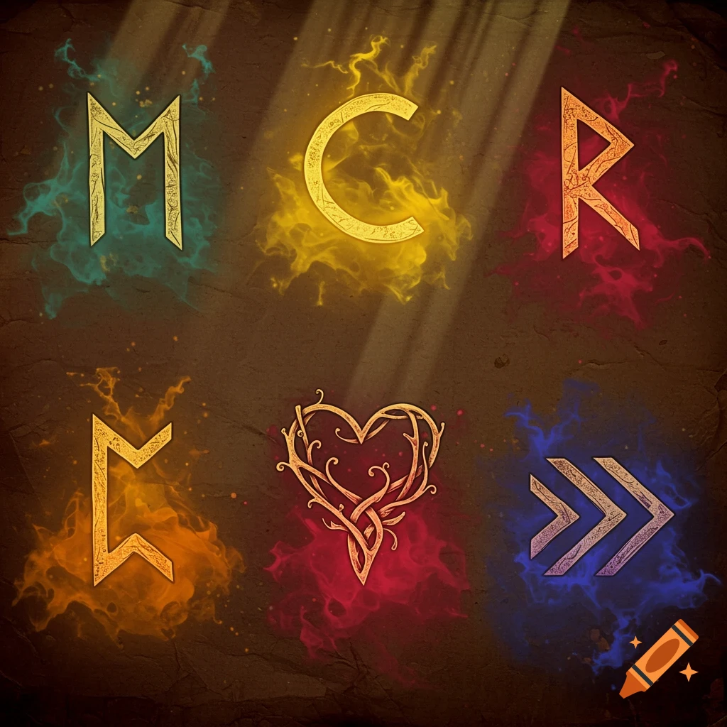 Six stylized symbols, including letters M, C, R, a heart, and two abstract runes, each emanating colored smoke with light rays from above.