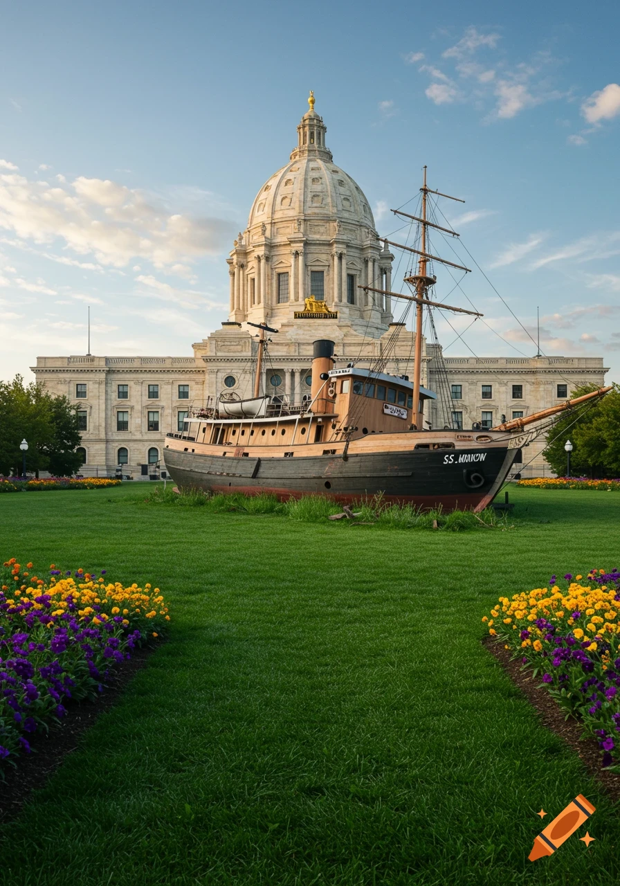 A boat named SS. Marion rests on a green lawn in front of the Minnesota State Capitol building under a clear sky.