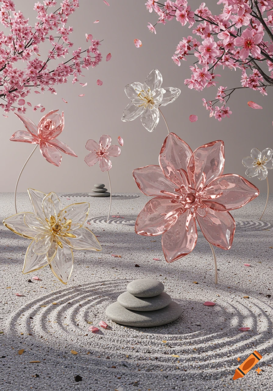 3D rendered glass flowers in pink and clear on a raked Zen garden with stacked stones and falling cherry blossoms.