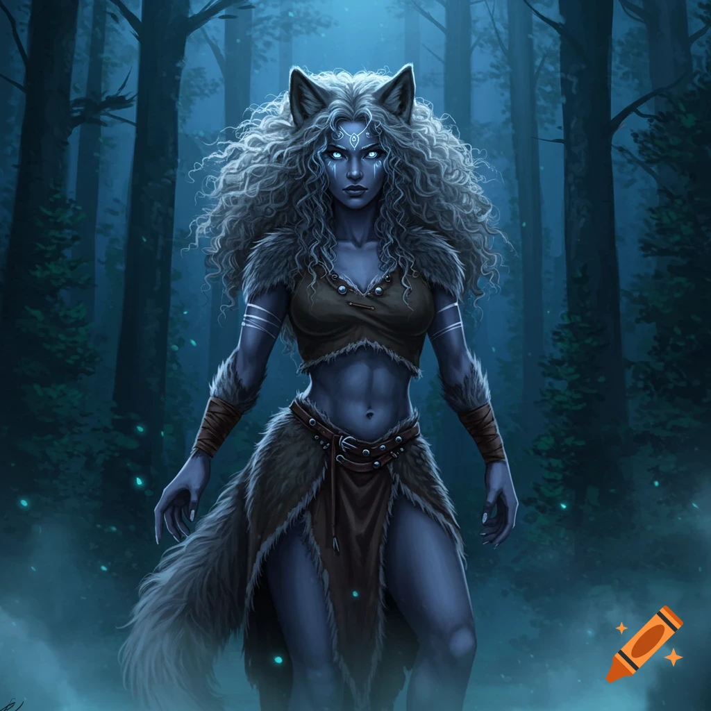 A blue-skinned wolf woman with curly hair and glowing eyes stands in a dark, misty forest, wearing tribal fur clothing.