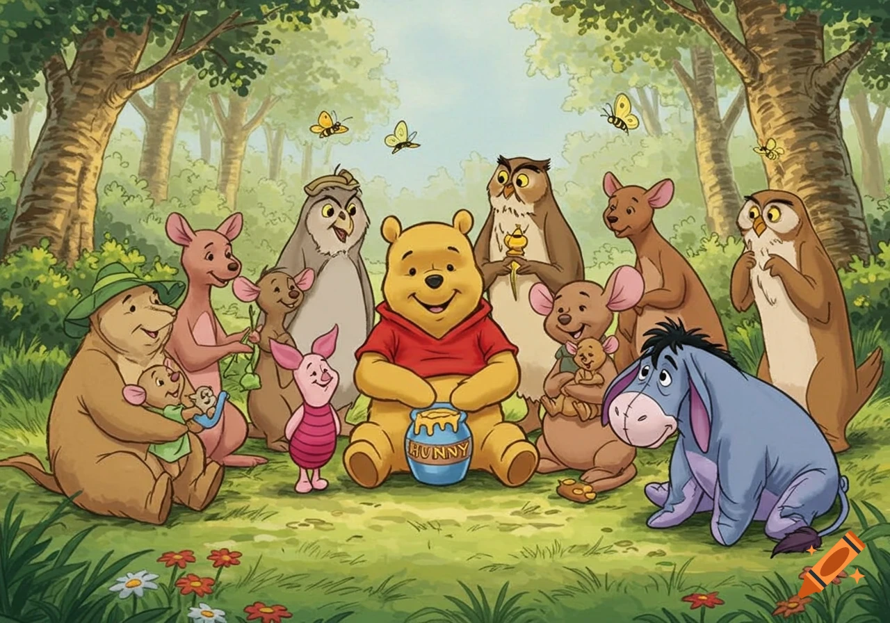 Winnie the Pooh, Piglet, Eeyore, and other Winnie the Pooh characters gathered in a green forest clearing, cartoon style.