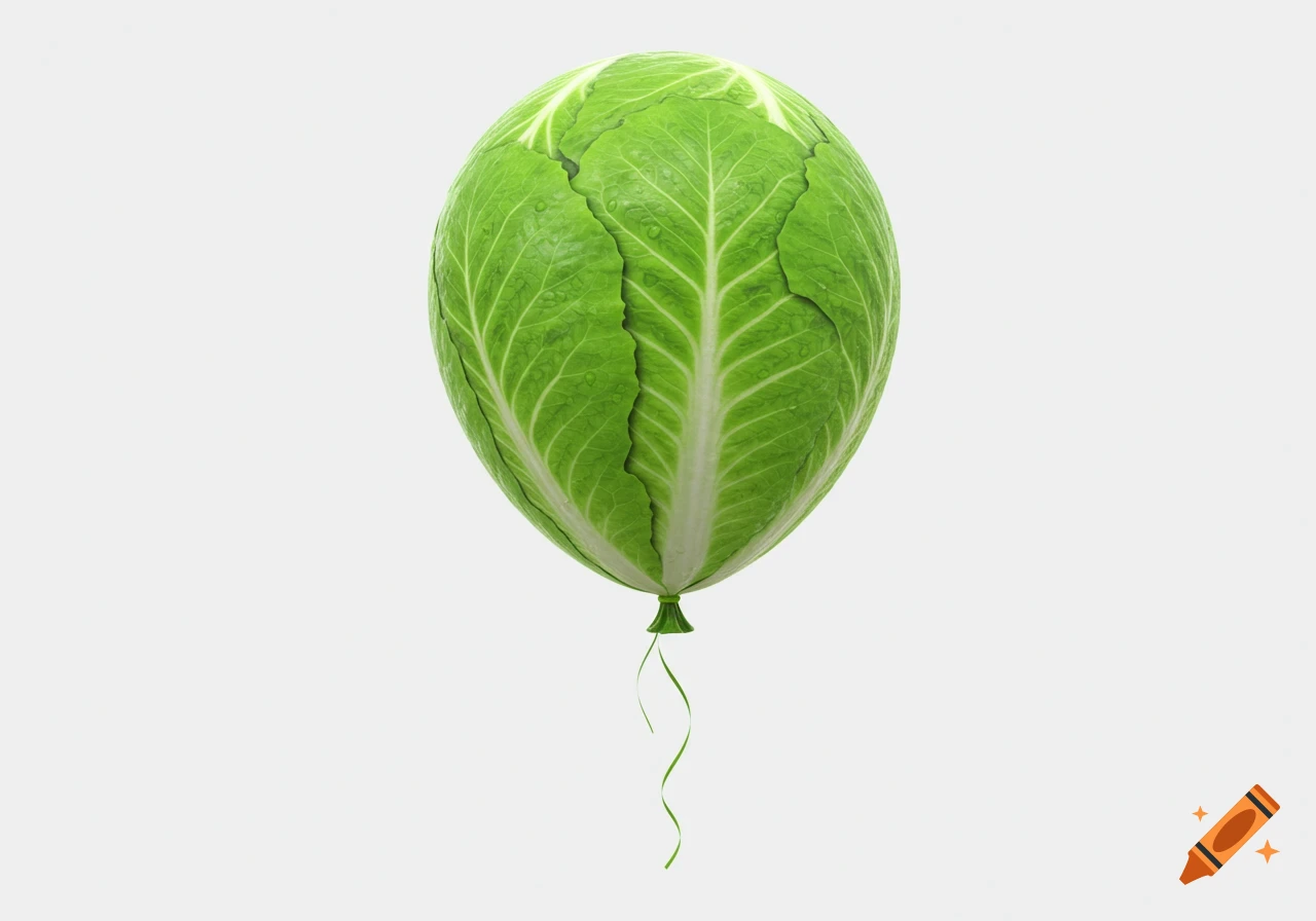 A photorealistic 3D render of a green lettuce-shaped balloon floating against a white background.