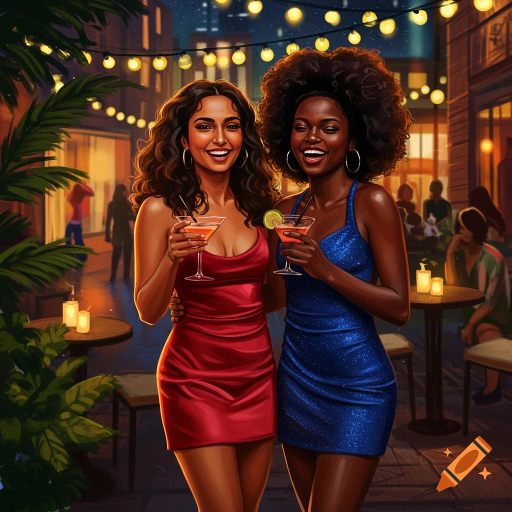 Two smiling women in mini dresses hold cocktails on a vibrant city street at night, illuminated by string lights.