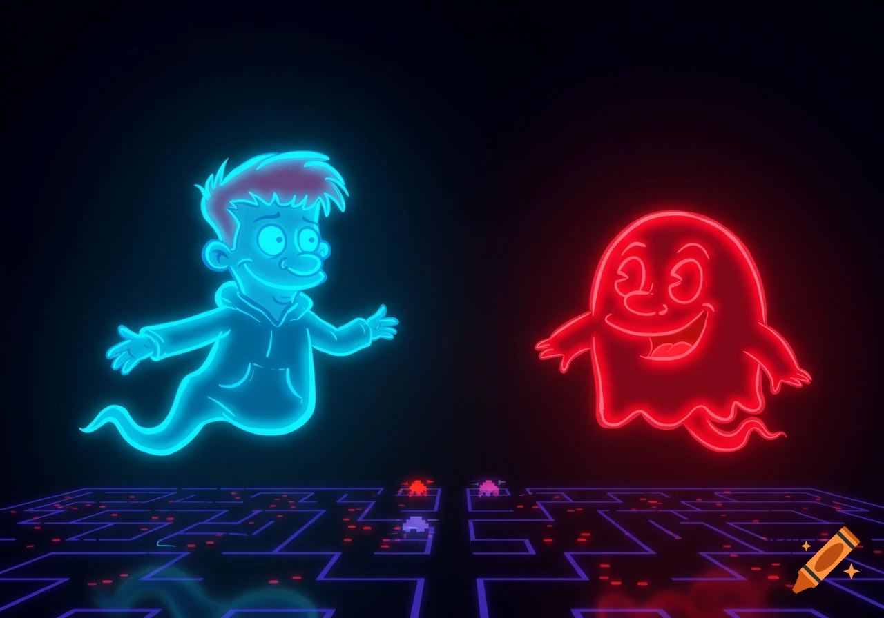 Neon-style cartoon ghosts resembling Beavis and Butthead float above a glowing Pac-Man maze.