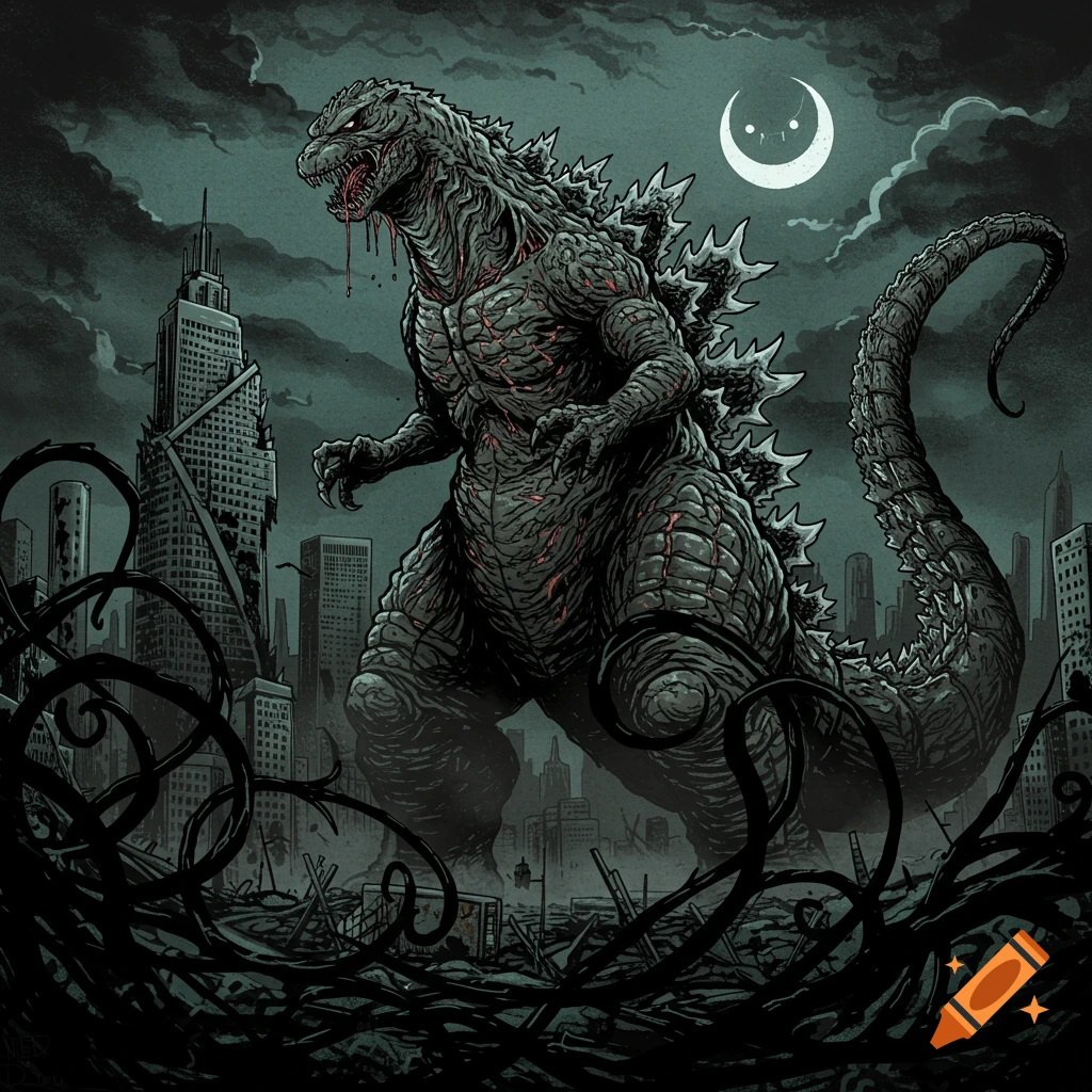 Stylized, dark illustration of a bloodied Godzilla roaring in a destroyed city under a crescent moon with a face.