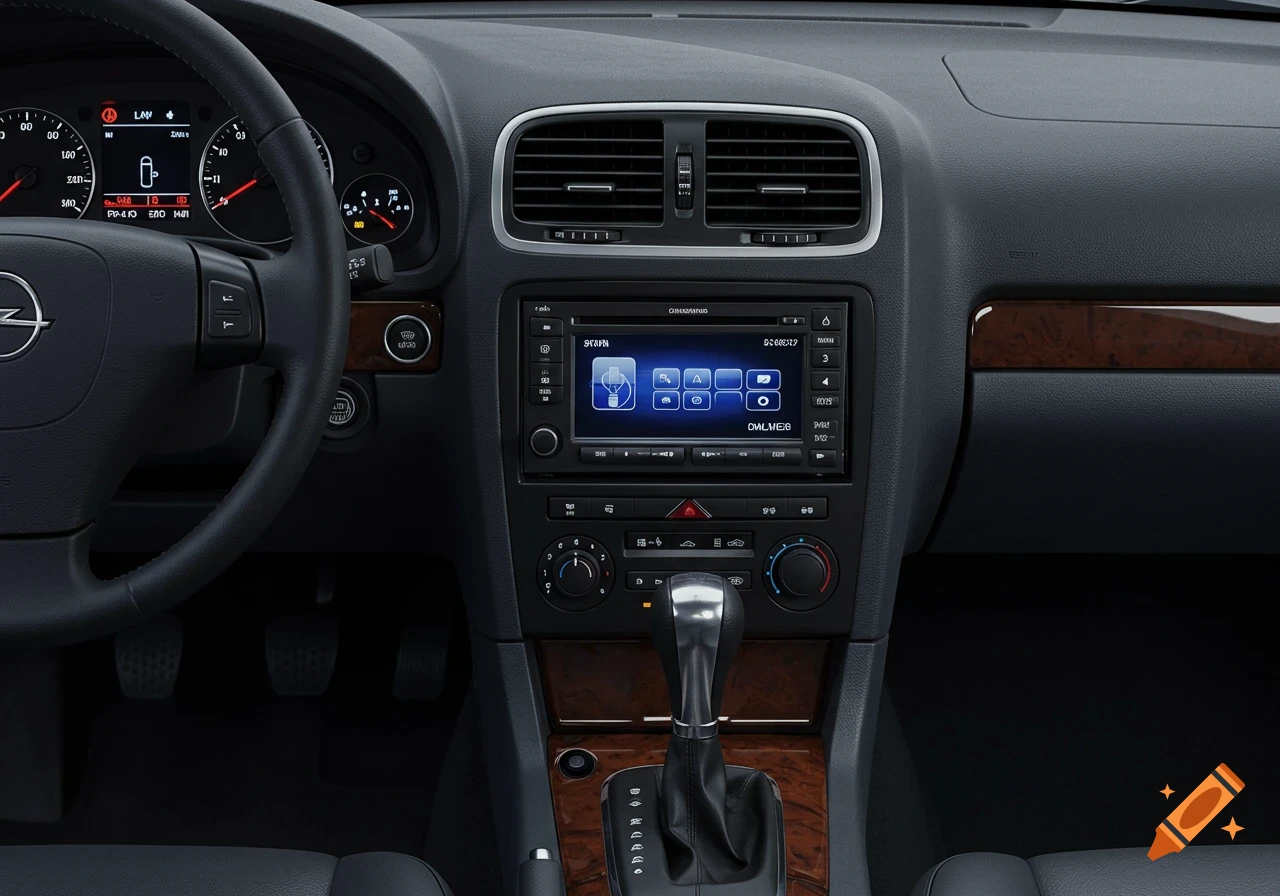 Photorealistic view of a car interior with a modern dashboard, steering wheel, infotainment system, and gear shifter.