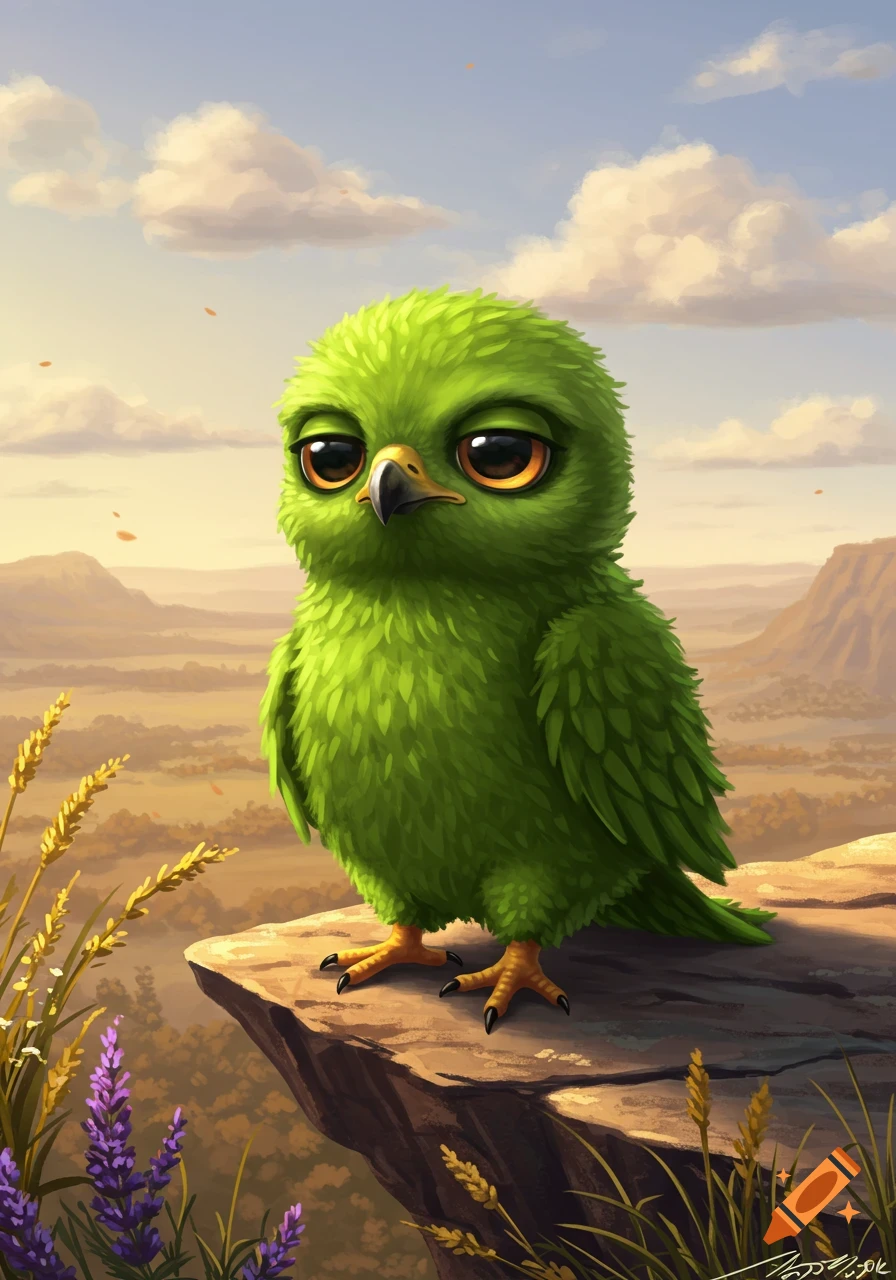 A cute, fluffy green bird with big brown eyes sits on a rocky cliff overlooking a vast valley under a cloudy sky.